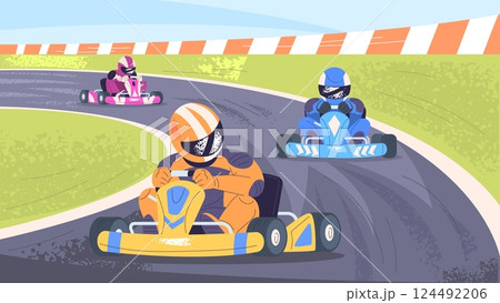 Kart race. Go-karts drivers in helmets drive karting cars on race track, speed motor sport fun extreme racing competition formula one racers kart car, classy vector illustration Kart race. Go-karts drivers in helmets drive karting cars on race track, speed motor sport fun extreme racing competition formula one racers kart car, classy vector illustration 124492206