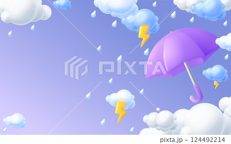 3d rainy weather. Render umbrella with thunderstorm clouds and rain drops in sky, monsoon season day weather concept for seasonal promotion sale banner, exact vector illustration 3d rainy weather. Render umbrella with thunderstorm clouds and rain drops in sky, monsoon season day weather concept for seasonal promotion sale banner, exact vector illustration 124492214