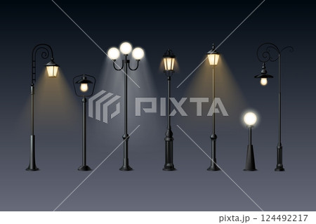 Realistic lampposts. Outdoor streetlamp, vintage antique lamppost or modern streetlight for night city park street light decoration lamp pole lantern, set exact vector illustration 124492217