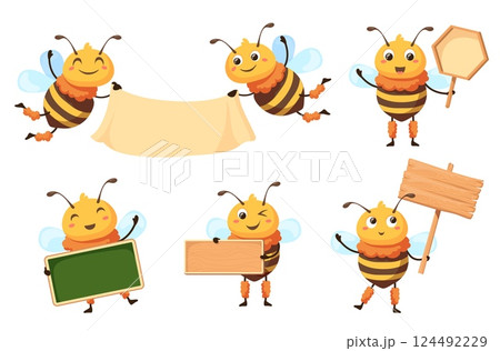 Bees signboard. Cartoon honey bee hold empty white sign, funny honeybee mascot with blank banner for school text or ad promotion billboard, study mascot neat vector illustration 124492229