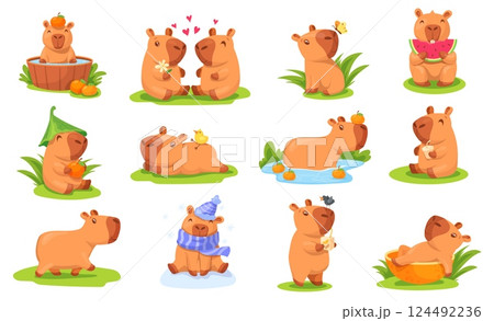 Cartoon capybara. Kawaii capibara funny animal characters, cute capybaras mascot baby bear fun in zoo onsen adorable animals kids stickers childish set, neat vector illustration 124492236