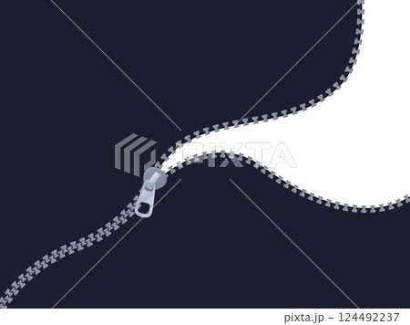 Unzip background. Open zip lock pulling zipper clothing connection material, opened fastener textile pocket clasp with teeth tailor sewing apparel concept vector illustration 124492237