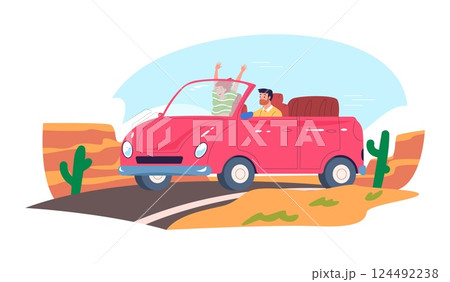 People in cabriolet. Happy woman man drive convertible car, summer vacation roadtrip businessman family travel rich boss with girl sport auto driving journey vector illustration 124492238