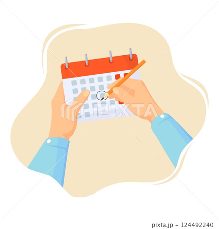 Hand circles calendar date. Hand hold pen marker make circled mark on schedule calender, deadline holiday appointment office agenda day week month point time vector illustration Hand circles calendar date. Hand hold pen marker make circled mark on schedule calender, deadline holiday appointment office agenda day week month point time vector illustration 124492240