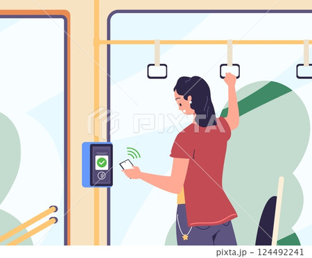 Bus payment. Woman pay transportation ticket to phone, public transport machine validator payments automation smartphone app tram subway fare transit control vector illustration Bus payment. Woman pay transportation ticket to phone, public transport machine validator payments automation smartphone app tram subway fare transit control vector illustration 124492241