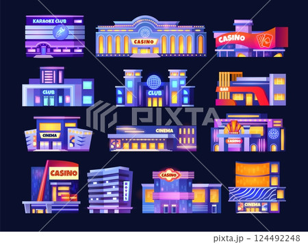 Casino buildings. Night entertainment building neon facade, karaoke club entrance hotel commercial center travel vegas city landmark poker cinema houses, swanky vector illustration 124492248