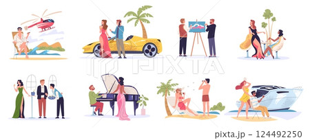 Rich people life. Luxury lifestyle, wealthy man woman with expensive yacht or car millionaire billionaire characters secular society successful business, classy vector illustration 124492250