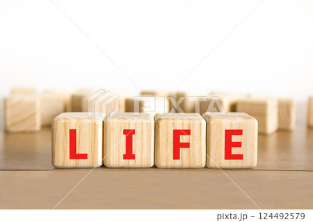 Life symbol. Concept word Life on beautiful wooden blocks. Beautiful wooden table white background. Business, lifestyle, support and life concept. Copy space. Life symbol. Concept word Life on beautiful wooden blocks. Beautiful wooden table white background. Business, lifestyle, support and life concept. Copy space. 124492579