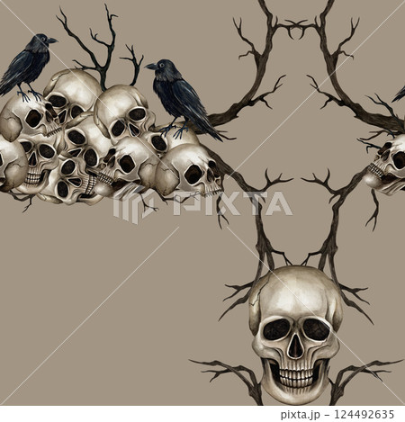 Skulls, black ravens on dry branches seamless pattern. Watercolor Illustration isolated on beige background. Gothic style for Halloween and Day of the Dead Holidays for textile, packaging paper 124492635