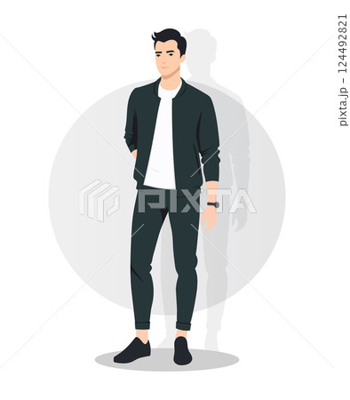 Confident Young Man in a Dark Casual Outfit with a Modern Urban Style Confident Young Man in a Dark Casual Outfit with a Modern Urban Style 124492821
