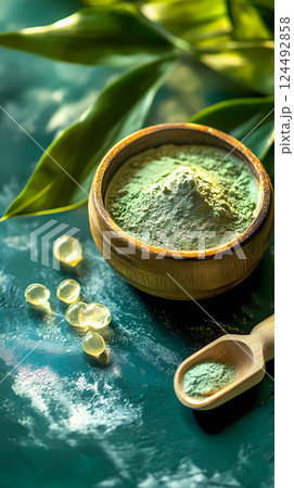 Chlorella herbal dry extract in a wooden bowl and on a wooden spoon on a green table. Homeopathic capsules, cosmetic butter. Vertical banner. This is AI-generated item 124492858