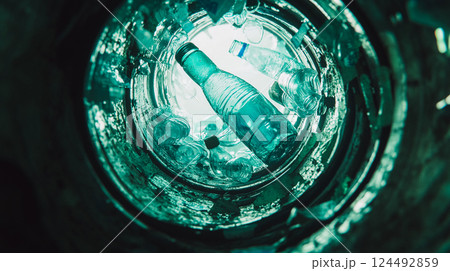 Blue PET plastic bottle falling into trash bin view from bottom to top. Concept of plastic and waste pollution. Ecology and environment care concept. This is AI-generated item 124492859