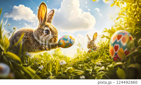 Two cute fluffy grey Easter bunnies hunting on painted colourful Easter eggs on a green lawn in spring day. Springtime holidays. Farm land animals. This is AI-generated item 124492860