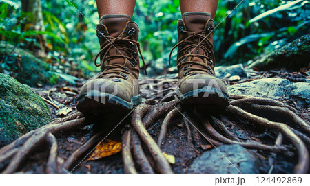 Ground level view of human's feet in brown boots on the roots of an ancient tree in the jungle. Traveling in the wilderness. Trekking hiking route. This is AI-generated item Ground level view of human's feet in brown boots on the roots of an ancient tree in the jungle. Traveling in the wilderness. Trekking hiking route. This is AI-generated item 124492869