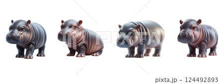 Four distinctly designed hippo figurines are arranged in a row, each displaying unique features and colors against a clean white background, ideal for collectors and enthusiasts 124492893