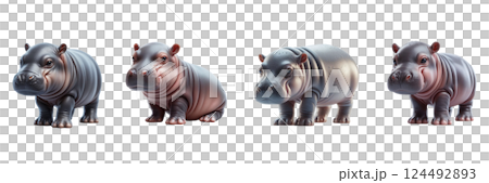 Four distinctly designed hippo figurines are arranged in a row, each displaying unique features and colors against a clean white background, ideal for collectors and enthusiasts 124492893