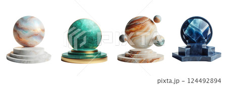 Four vibrant sculptures representing planets are showcased on elegant pedestals 124492894