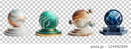 Four vibrant sculptures representing planets are showcased on elegant pedestals 124492894