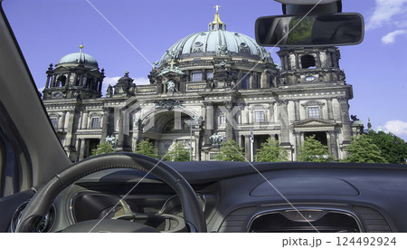 Car windshield with view facade of the Berlin Cathedral, Germany Car windshield with view facade of the Berlin Cathedral, Germany 124492924