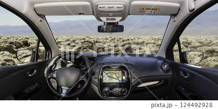 Car windshield view of Devil's Golf Course, Death Valley, USA 124492928