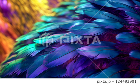 Macro photo of exotic bird wing with colourful beautiful multicoloured feathers purple green yellow colours. Majestic wings close up. Avian coloration This is AI-generated item 124492981
