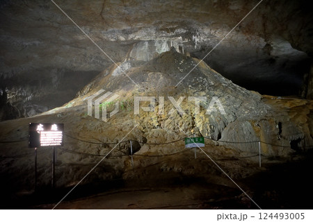 中国地方・秋吉台・秋芳洞・広庭のランドマーク、ライトアップされた洞内富士・山口県美弥市(4) 124493005