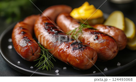 Grilled sausages served with mustard, herbs and lemon slices 124493068