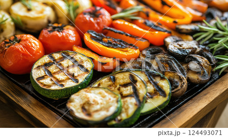 Assorted grilled vegetables with herbs on cast iron grill Assorted grilled vegetables with herbs on cast iron grill 124493071