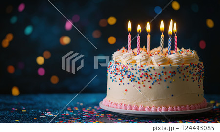 Colorful birthday cake with candles and sprinkles on dark background 124493085