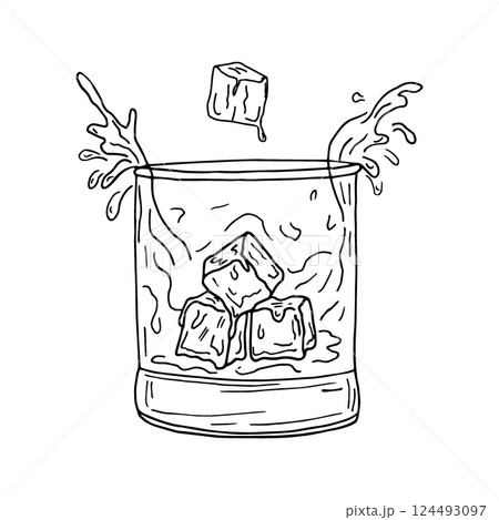 A glass glass with a refreshing drink and ice cubes. Throw ice cubes into a glass, splash, splash. Cocktail, soda, alcohol. Vector illustration in doodle style, monochrome. A glass glass with a refreshing drink and ice cubes. Throw ice cubes into a glass, splash, splash. Cocktail, soda, alcohol. Vector illustration in doodle style, monochrome. 124493097