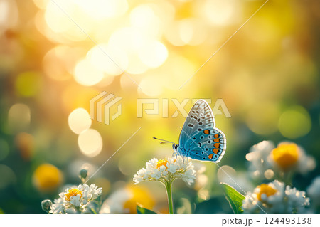 Blue butterfly is sitting on a yellow flower. 124493138