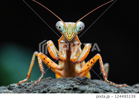 Large, brown and green insect with long antennae and large eyes 124493139
