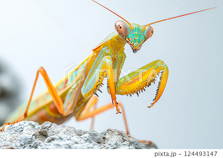 Green and yellow bug with red eyes is standing on a rock 124493147
