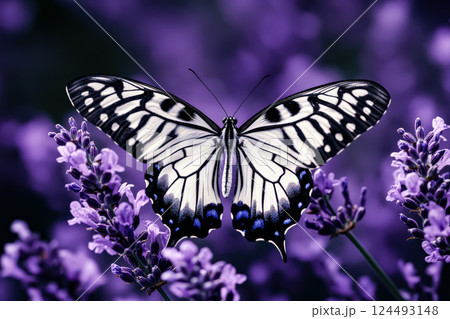Butterfly is sitting on a purple flower. 124493148