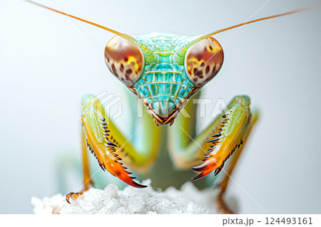 Green and yellow bug with red legs and a long antennae 124493161