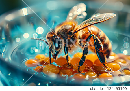 Bee is eating from a bowl of yellow beads 124493190