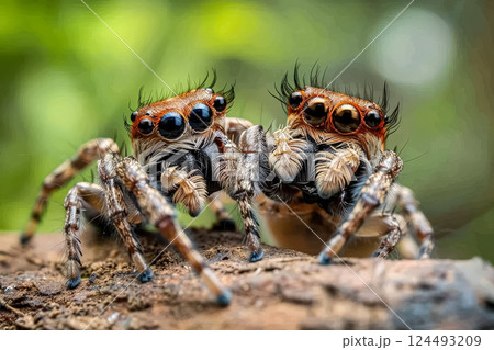 Four spiders with big eyes and long legs are sitting on a branch. Four spiders with big eyes and long legs are sitting on a branch. 124493209