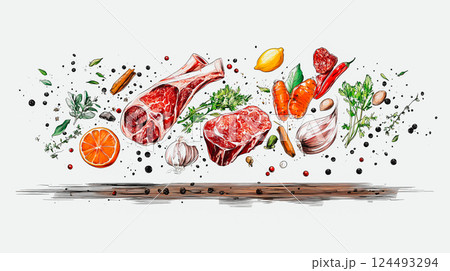 Red raw meat and vegetables on white background with rosemary, pepper and lemon. Beef steak with seasoning for grilling. Prime steaks of Black Angus. 124493294