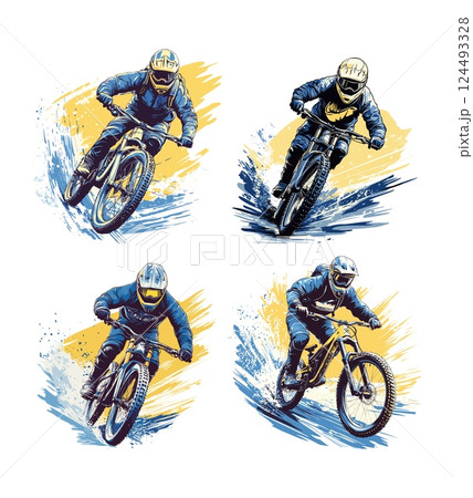 Cartoon extreme mountain bike concepts. Bicycle rider in helmet sliding descending on cliff, down hill red bull competition fast rocky jumping sport steering descent character, isolated artworks 124493328