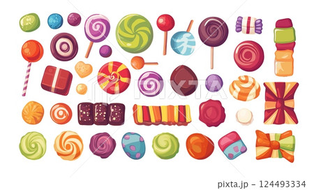 Cartoon candies. Elastic caramel chocolate treats, chewing gum bubble pads, sugar puffs chewy pillows candy balls, yummy delicious confectionery sweets isolated vector illustrations Cartoon candies. Elastic caramel chocolate treats, chewing gum bubble pads, sugar puffs chewy pillows candy balls, yummy delicious confectionery sweets isolated vector illustrations 124493334