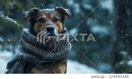 A big brown homeless dog with a warm grey knitted scarf around his neck outside in cold weather. Homeless Pedigree stray dog waiting. Stray animals. This is AI-generated item 124493340