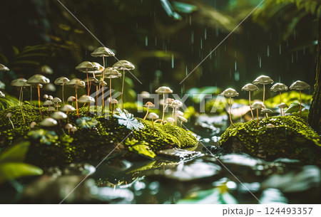 Edible mushrooms growing on rocks covered with green moss in a forest on a rainy summer or autumnal day. Deep wood, woodland nature. Raining outdoors. This is AI-generated item Edible mushrooms growing on rocks covered with green moss in a forest on a rainy summer or autumnal day. Deep wood, woodland nature. Raining outdoors. This is AI-generated item 124493357