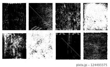 Black squares with grunge textures. Scratches dust stipple noise dots lined overlays, crumpled monochrome stamps rough surfaces distressed patterns with decay worn effects isolated vectors 124493375