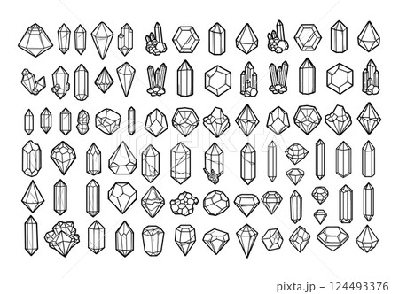 Black outline gems and crystals. Dimond brilliant carat sparkle jewelry stones, quartz glass cobblestones minerals monochrome linear sketch isolated vector illustrations 124493376