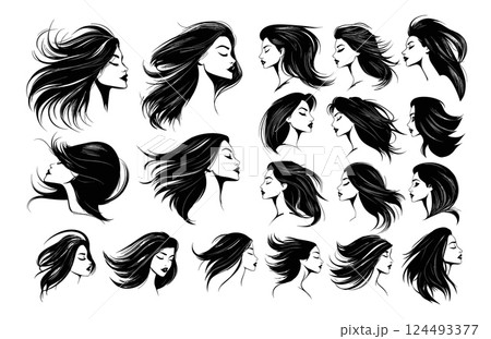 Black ink sketch woman with flowing hair avatars. Long silky wavy locks curls ringlets female portraits, isolated vector illustrations 124493377
