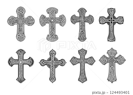 Black ink sketch celtic cross. Old christian symbol with traditional irish scottish gaelic welsh ornaments and patterns, cult crucifix tattoo flashes hand drawn monochrome designs isolated vectors 124493401