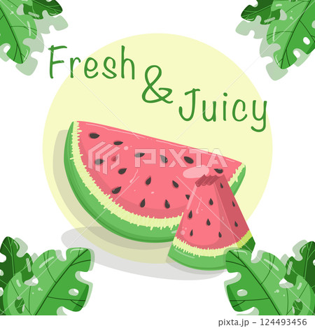 Postcard with watermelon slices, leafs and cubes of ice. With lettering. Vector flat illustration. Fresh Juicy. White background with yellow circle 124493456