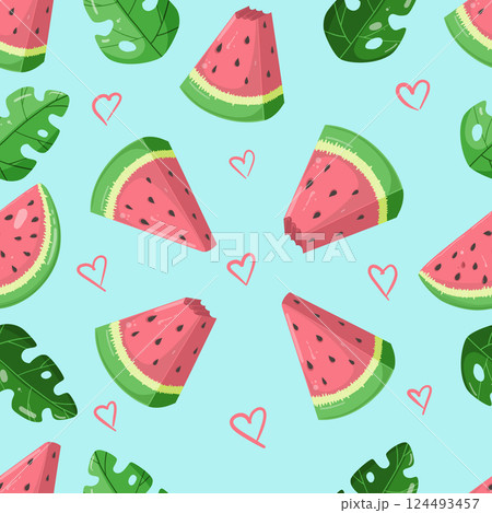 Watermelon wedges with green tropical leaves vector seamless pattern with cute hearts. Fruit summer seamless pattern with watermelon slices. Useful for wrapping paper and decorations. blue background 124493457