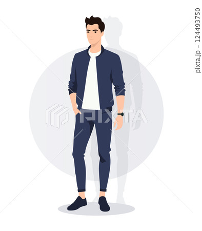 Modern Young Gentleman Wearing a Navy Blue Suit and White Sneakers Standing Confidently Modern Young Gentleman Wearing a Navy Blue Suit and White Sneakers Standing Confidently 124493750