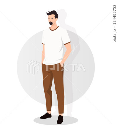 Minimalist Young Man in White Shirt and Brown Trousers with Hands in Pockets Minimalist Young Man in White Shirt and Brown Trousers with Hands in Pockets 124493752